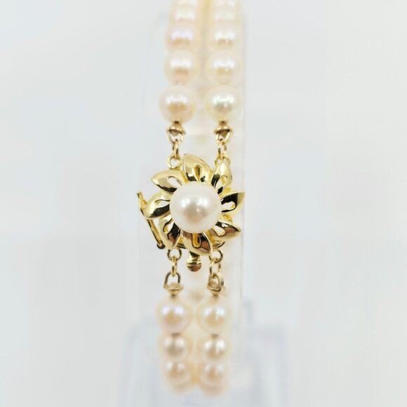 Unique 14K Karat Solid Yellow Gold Designer 2 Row Pearl Link Bracelet - 7.25" L - Picture 5 of 12